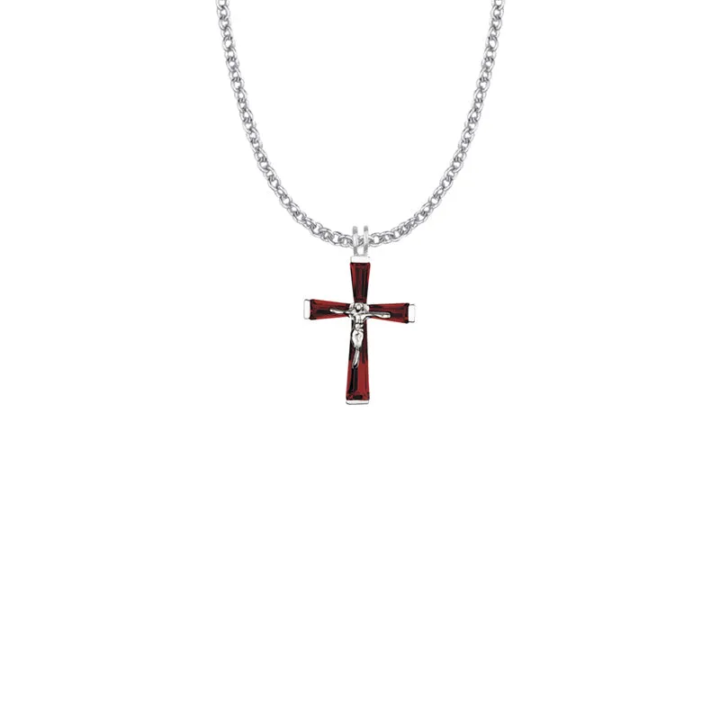 1 Inch Sterling Silver and Glass Crystal January Birthstone Baguette Crucifix Necklace
