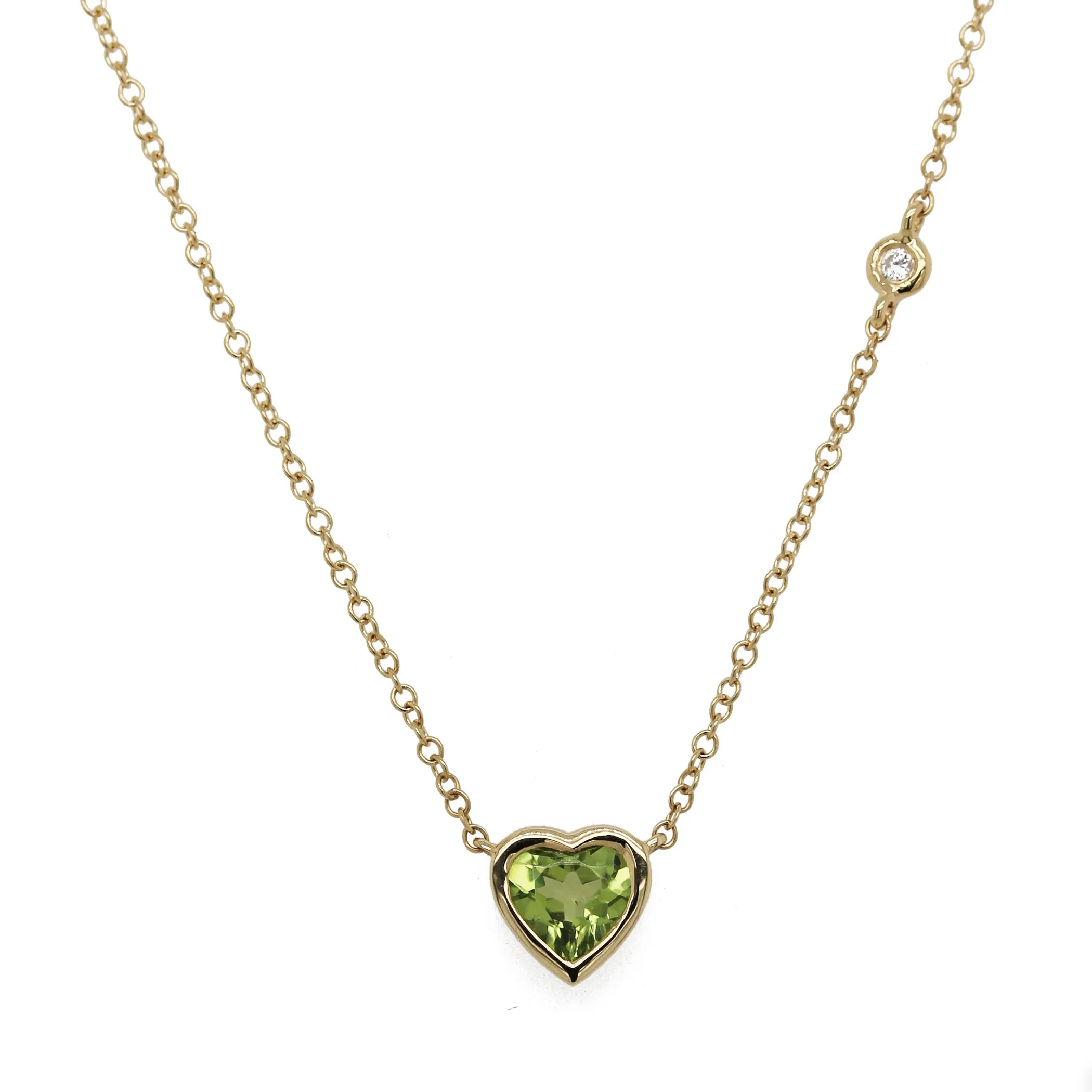 14K BEZEL SET PERIDOT HEART WITH SINGLE OFF-SET DIAMOND NECKLACE