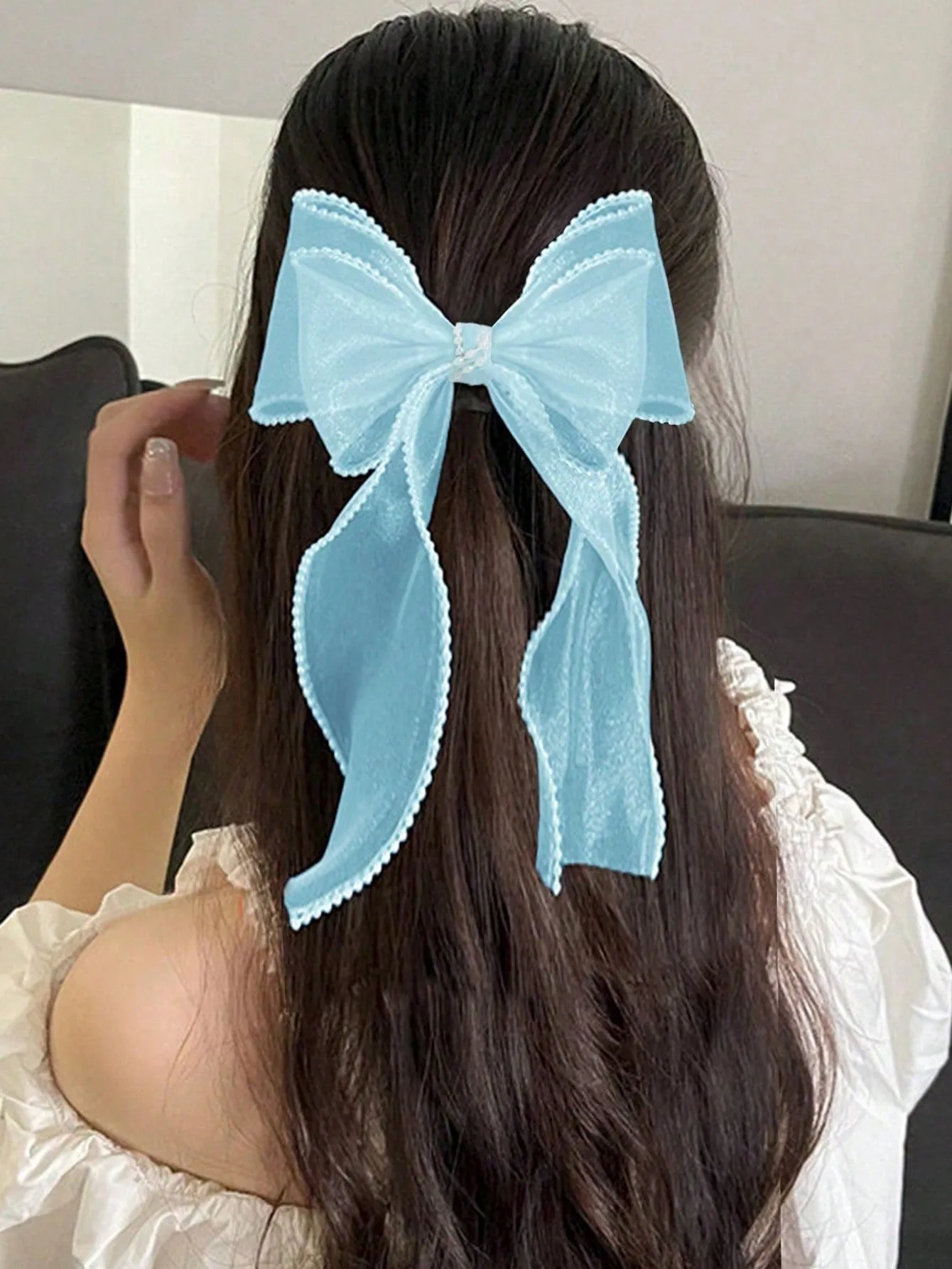 1pc Black and White Double Layer Mesh & Pearl Hair Clip for Women Barrette