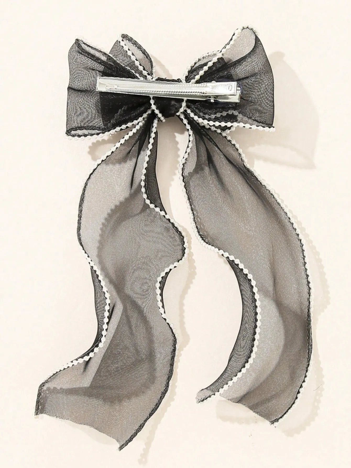 1pc Black and White Double Layer Mesh & Pearl Hair Clip for Women Barrette
