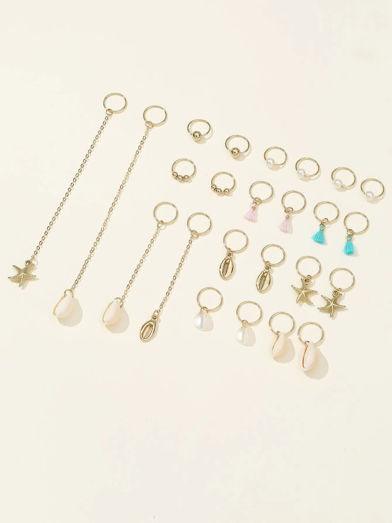 24pcs Star & Shell Charm Hair Ring Boho for Women Barrette Styling Hair