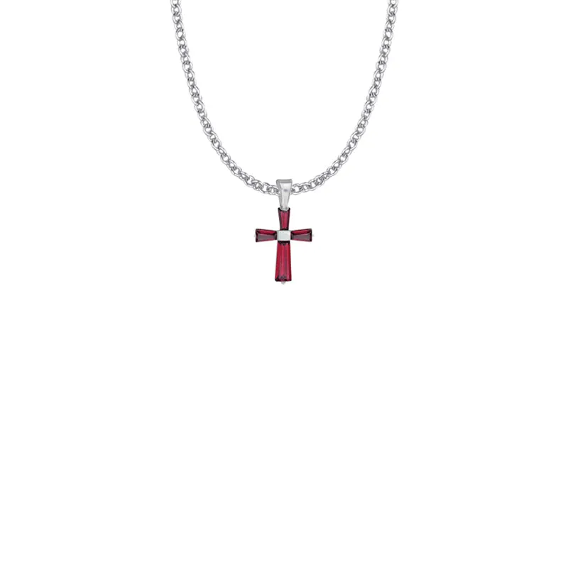 3/4 Inch Sterling Silver and Glass Crystal January Birthstone Baguette Cross Necklace