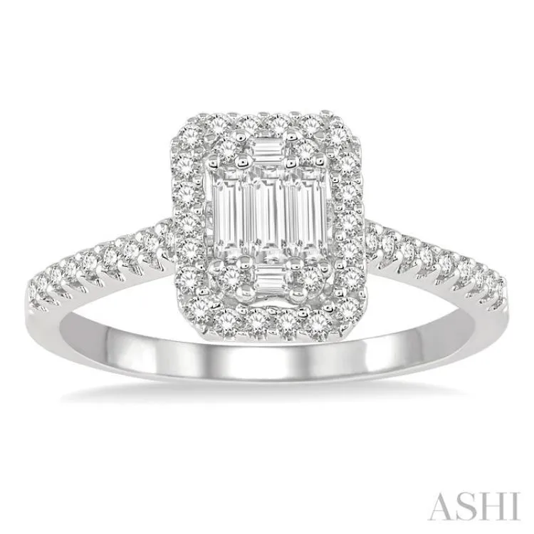 5/8 ctw Emerald Shape Baguette and Round Cut Diamond Ring in 14K White Gold