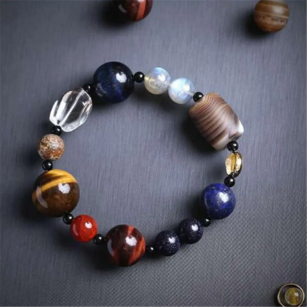 8 Planets Astronomical Solar System Tiger Eye Gem Stone Bracelet for Men