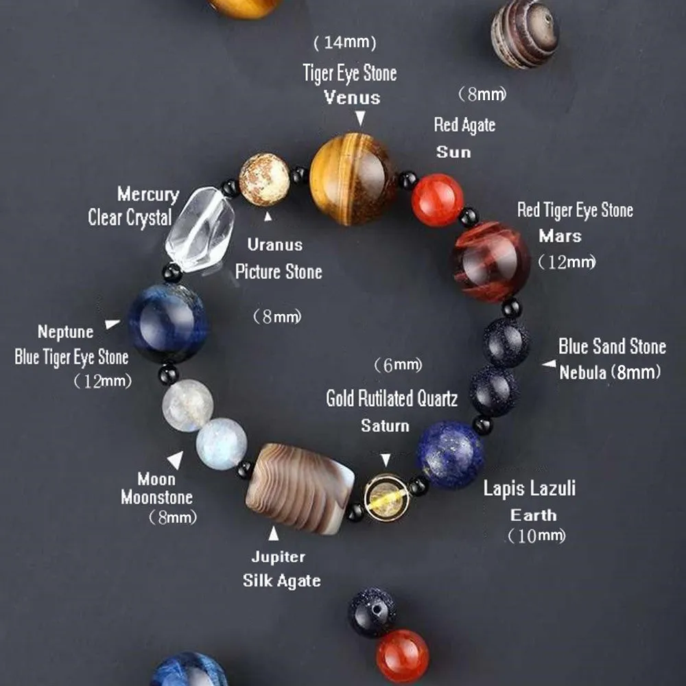 8 Planets Astronomical Solar System Tiger Eye Gem Stone Bracelet for Men