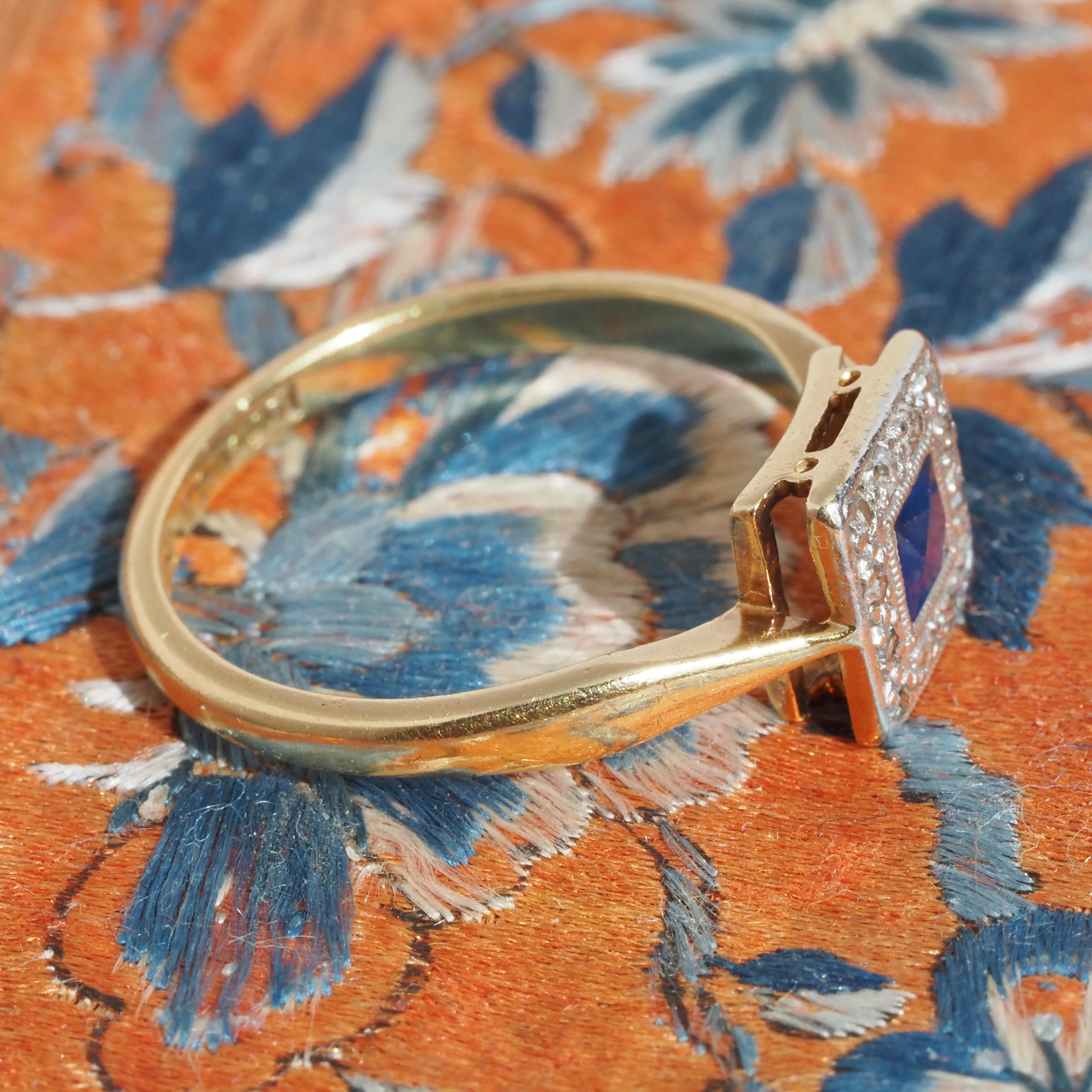 Antique English Sapphire & Diamond 18k Gold Platinum Ring