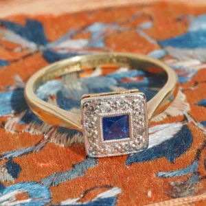 Antique English Sapphire & Diamond 18k Gold Platinum Ring
