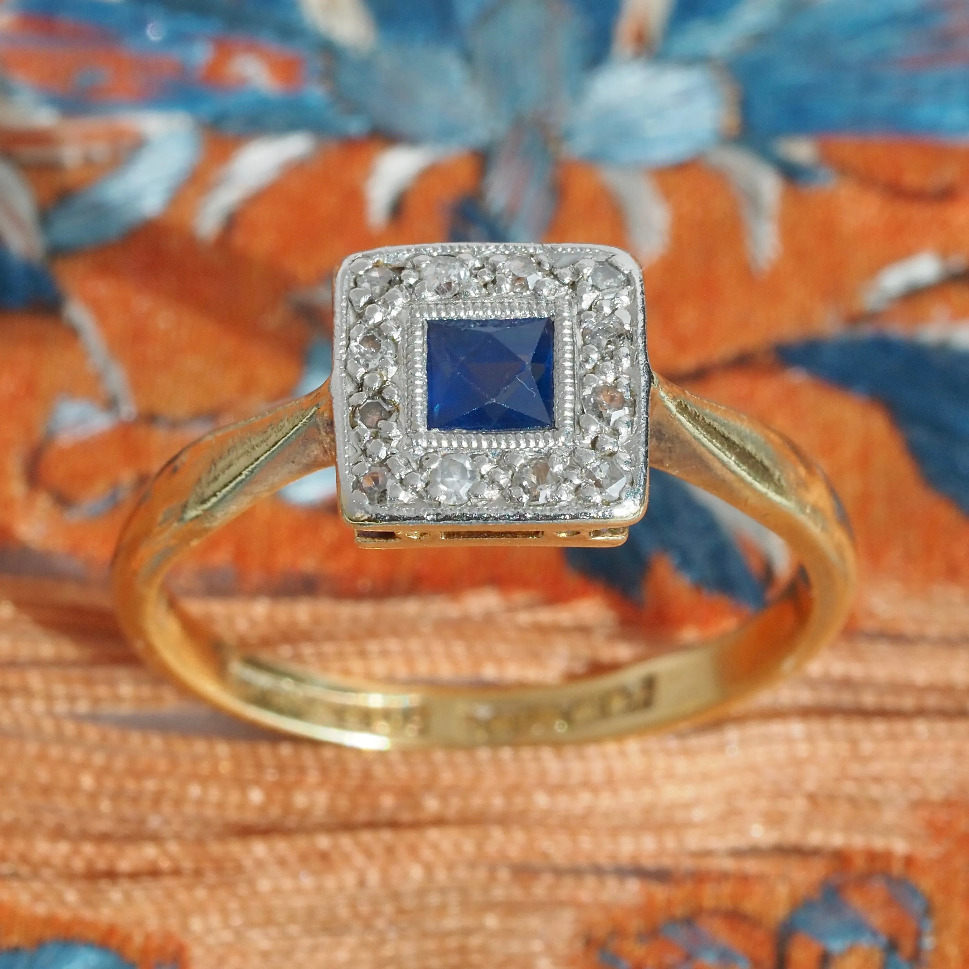 Antique English Sapphire & Diamond 18k Gold Platinum Ring