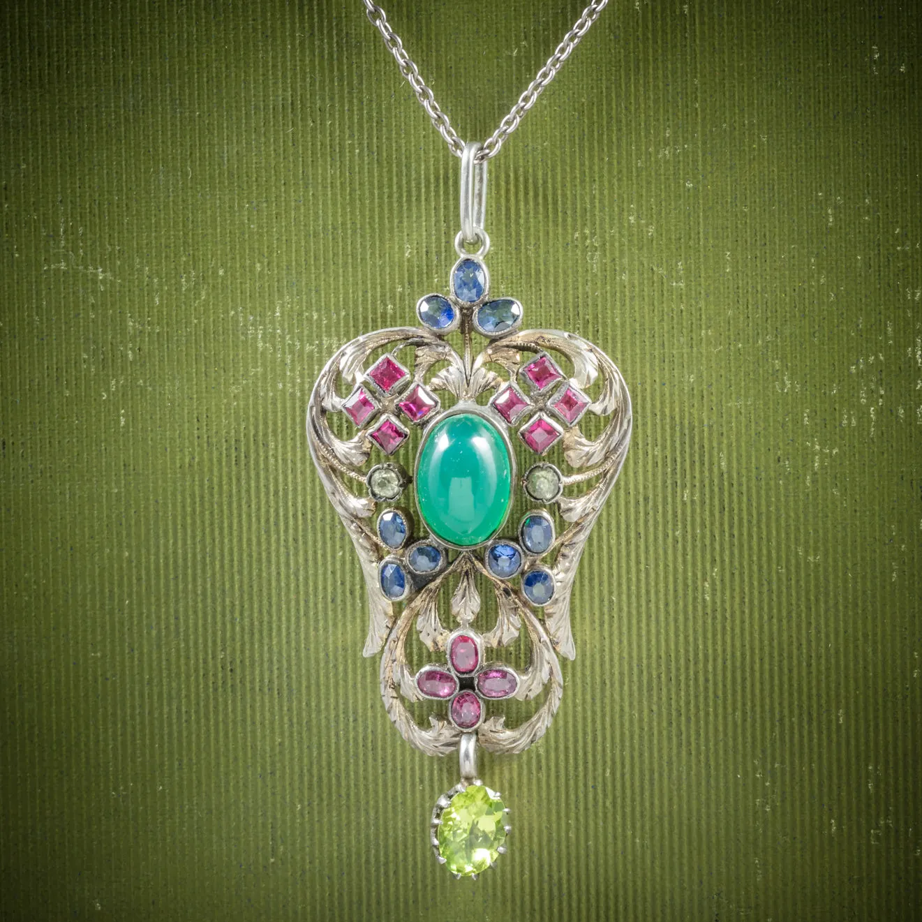 Antique Victorian Emerald Ruby Sapphire Pendant Necklace Circa 1880