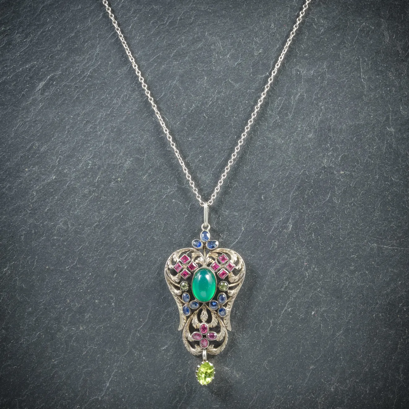 Antique Victorian Emerald Ruby Sapphire Pendant Necklace Circa 1880