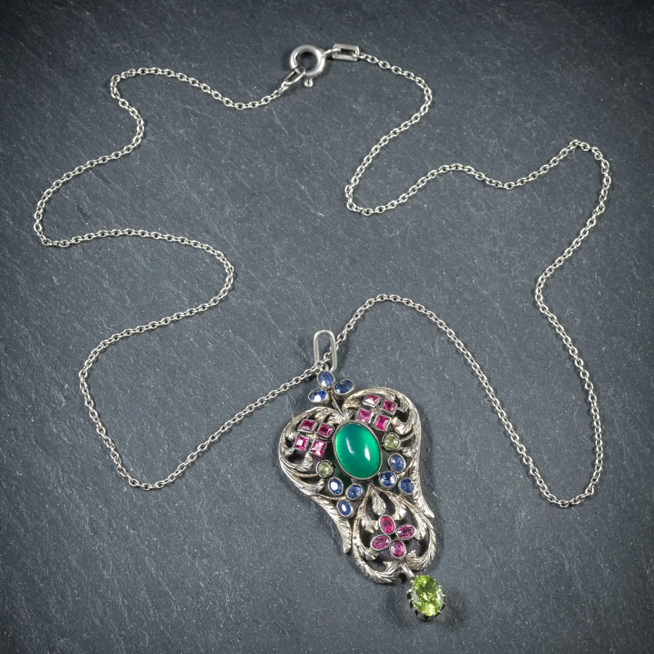 Antique Victorian Emerald Ruby Sapphire Pendant Necklace Circa 1880