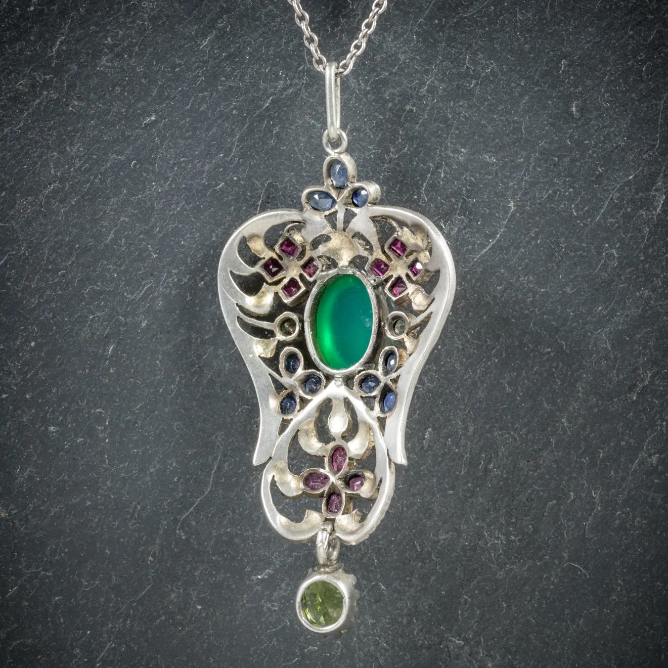 Antique Victorian Emerald Ruby Sapphire Pendant Necklace Circa 1880