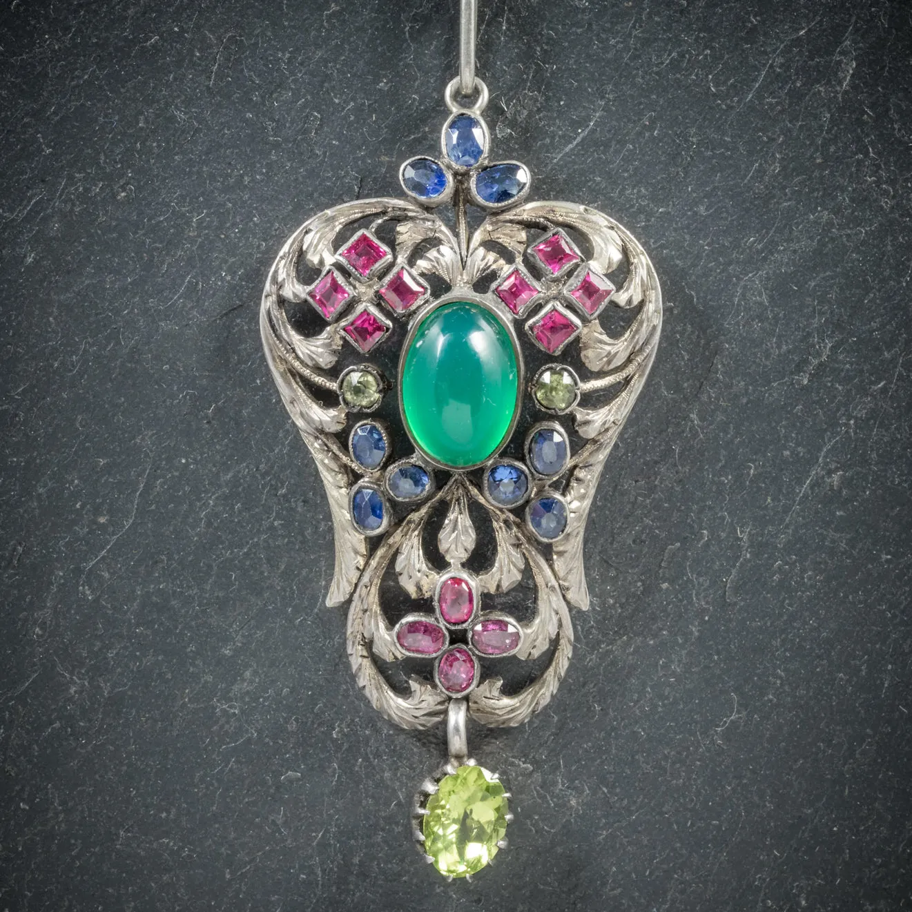 Antique Victorian Emerald Ruby Sapphire Pendant Necklace Circa 1880