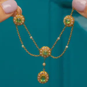 Edwardian 15ct Gold Peridot Pearl Swag Necklace, 1.30ct