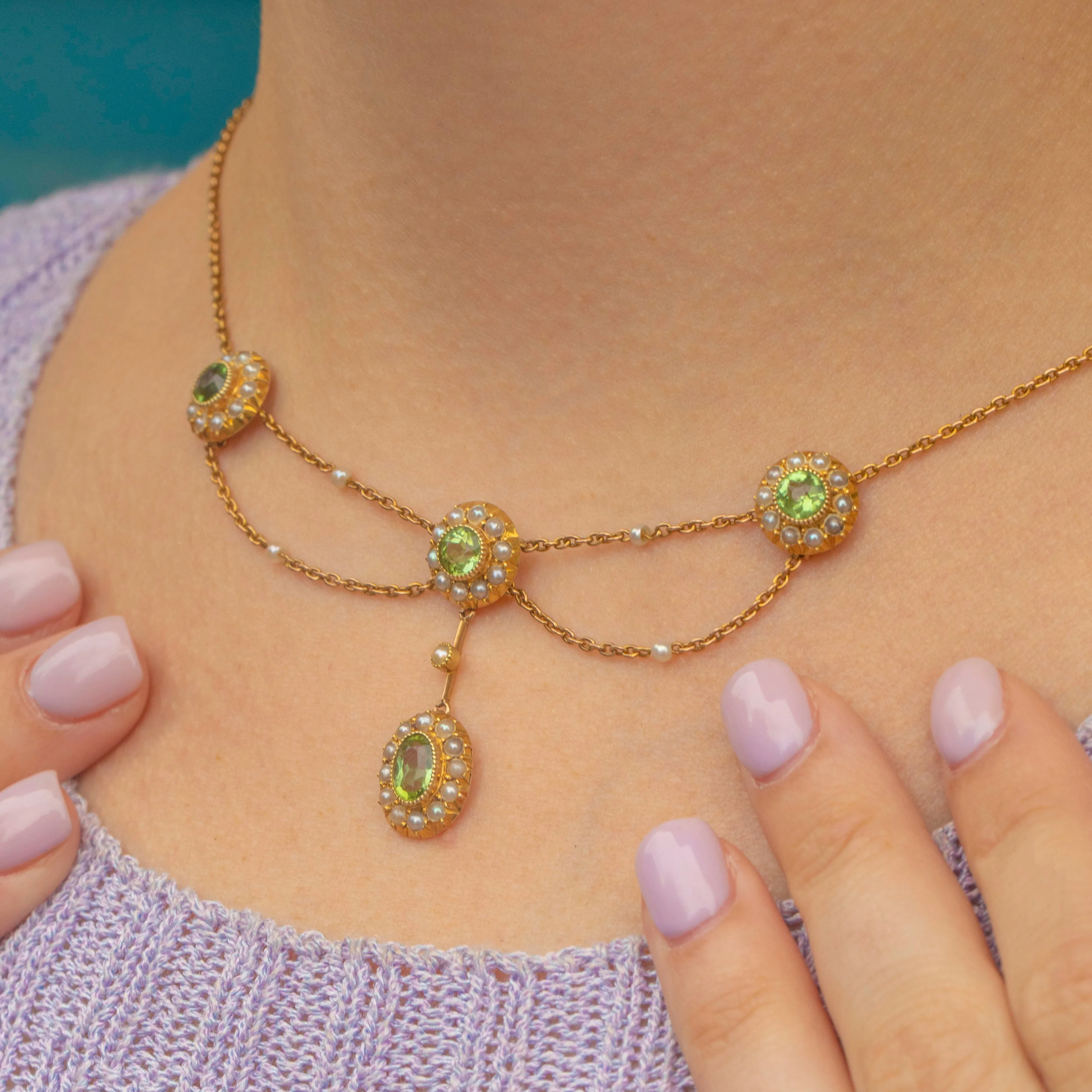 Edwardian 15ct Gold Peridot Pearl Swag Necklace, 1.30ct