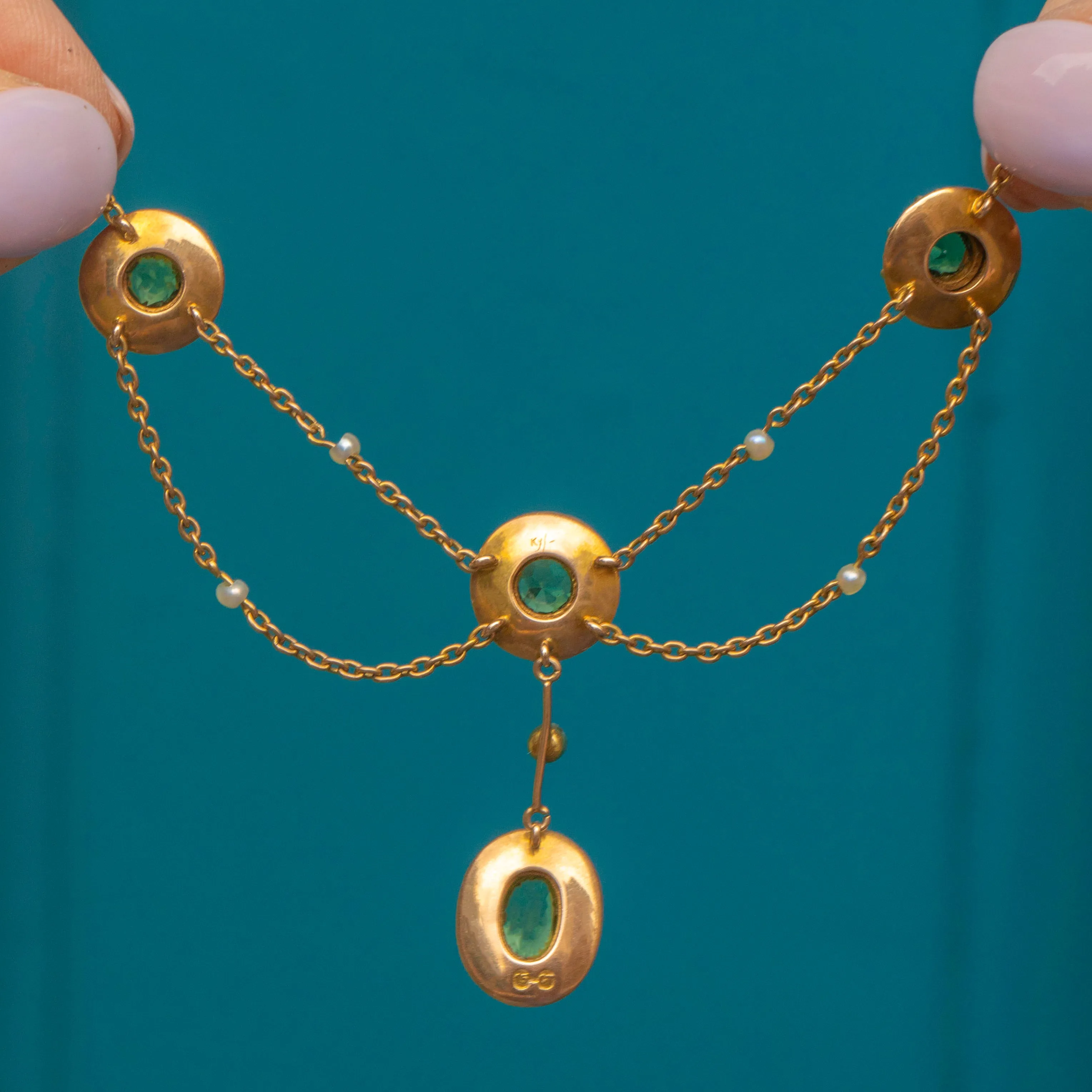 Edwardian 15ct Gold Peridot Pearl Swag Necklace, 1.30ct