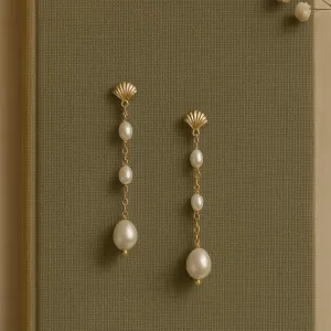 Fan Pearl Drop Earrings | Handmad Bridal Earrings with Freshwater Pearls- Lucille