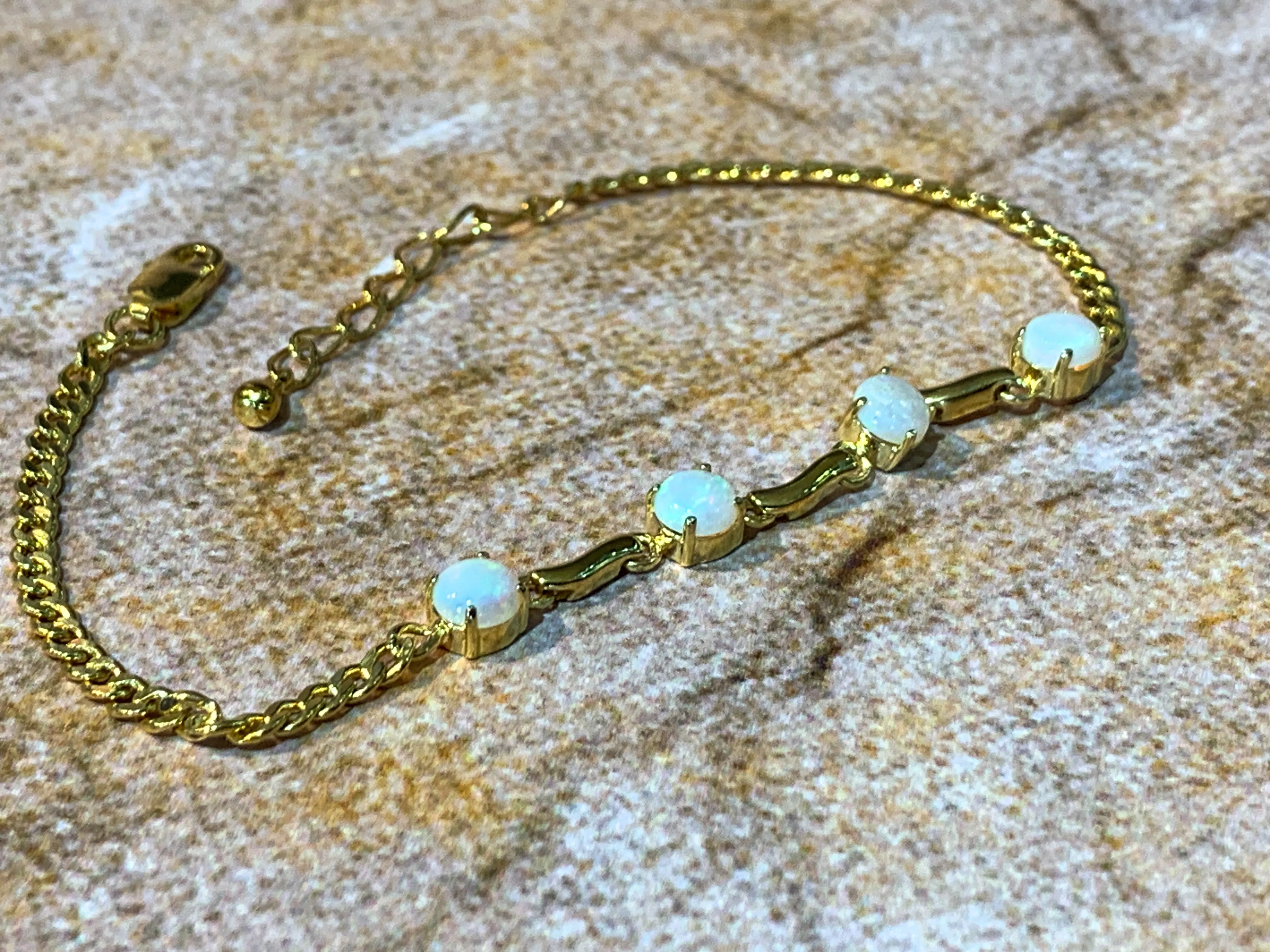 Gold plated Silver 5mm White Opal round bracelet