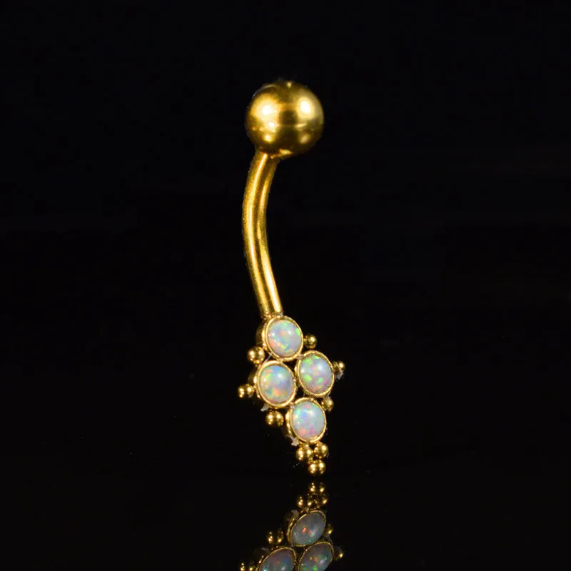Gold Steel Navel Bar with Opal Cluster