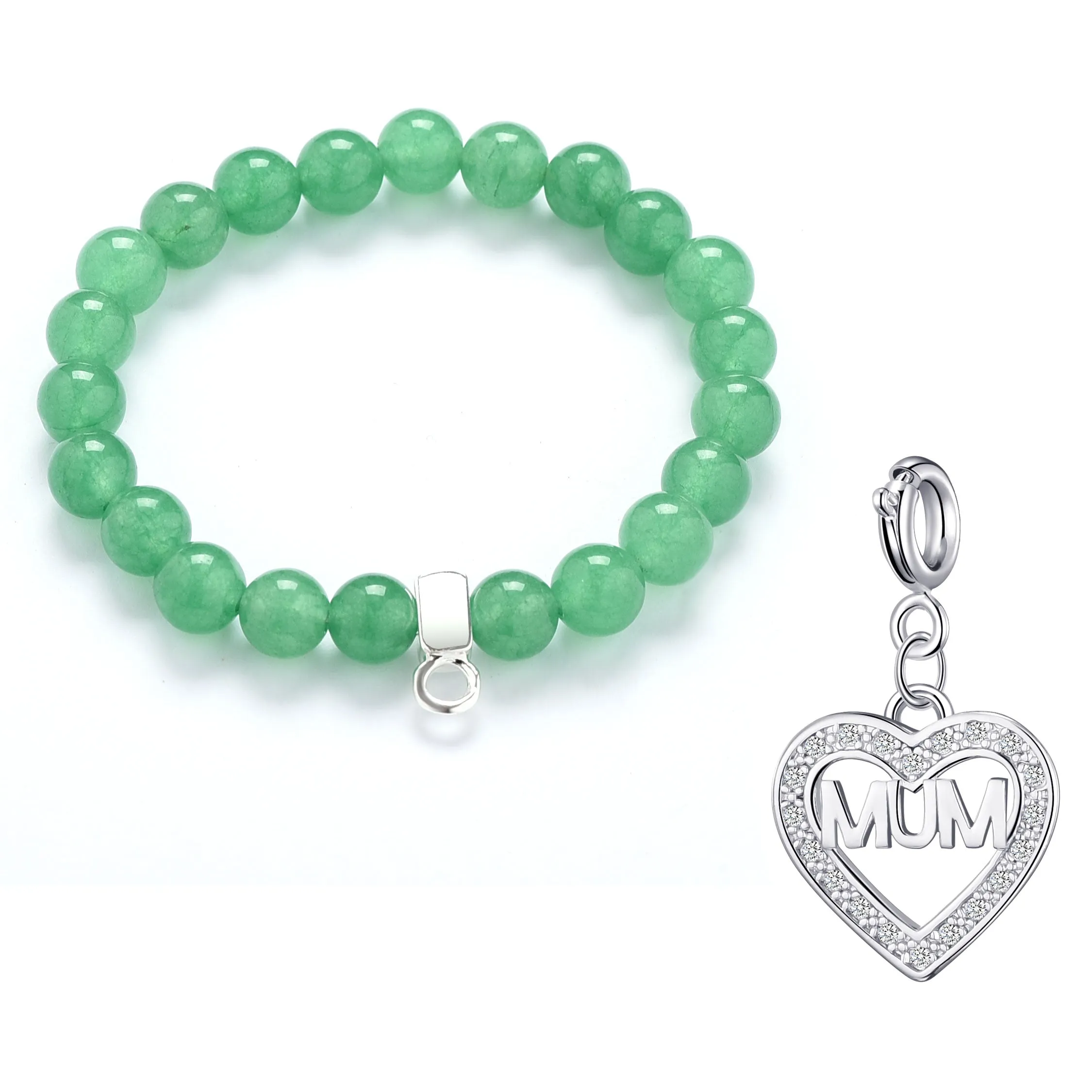 Green Aventurine Gemstone Stretch Bracelet with Charm Created with Zircondia® Crystals