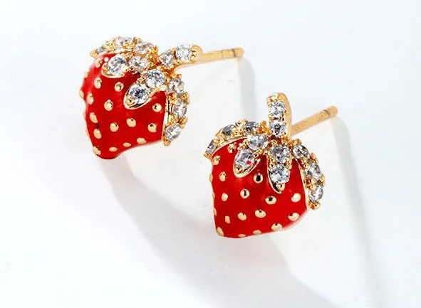 Jewelry Cute Red Strawberry Fruit Earrings Women's Exquisite Small Temperament Inlaid with Zirconium Earrings