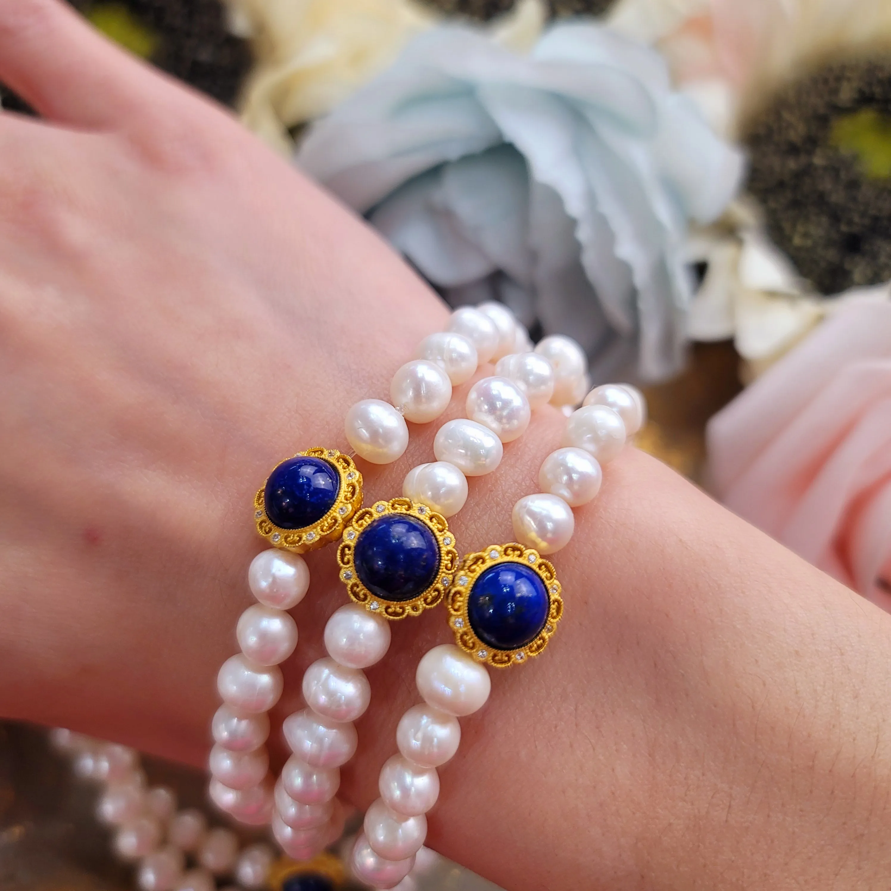 Lapis Lazuli Pearl Goddess Bracelet for Confidence, Intuition and Power