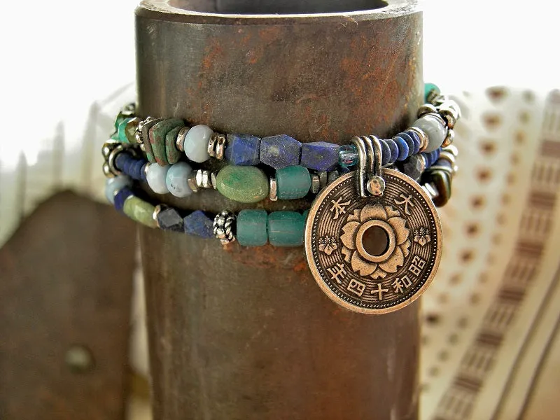 Ocean Blue Wrap Bracelet/Necklace, Japanese Coin, Lapis, Turquoise, Opal