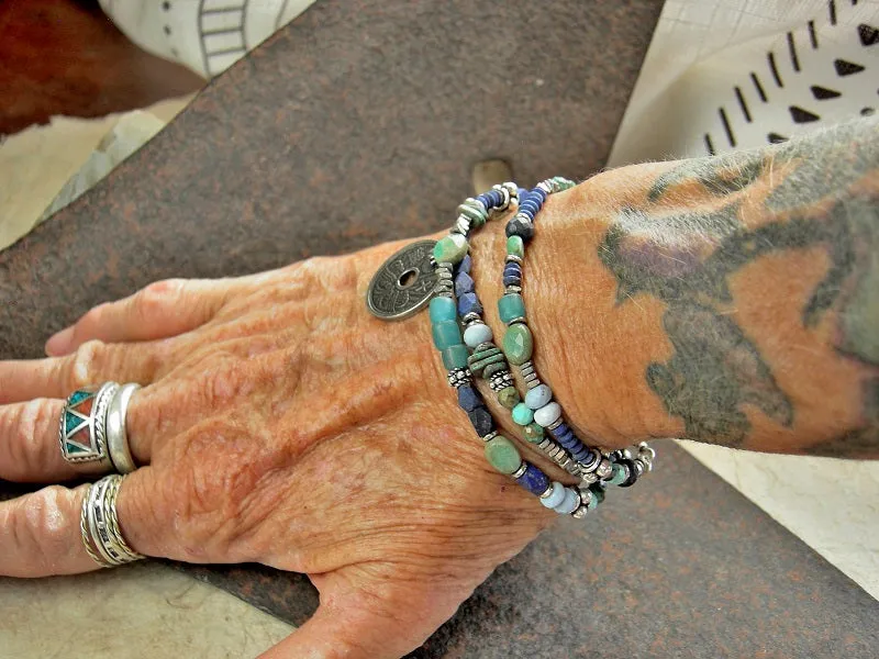 Ocean Blue Wrap Bracelet/Necklace, Japanese Coin, Lapis, Turquoise, Opal