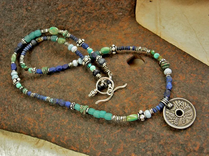 Ocean Blue Wrap Bracelet/Necklace, Japanese Coin, Lapis, Turquoise, Opal