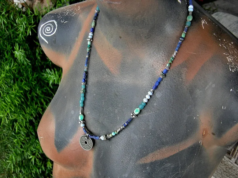 Ocean Blue Wrap Bracelet/Necklace, Japanese Coin, Lapis, Turquoise, Opal