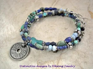 Ocean Blue Wrap Bracelet/Necklace, Japanese Coin, Lapis, Turquoise, Opal