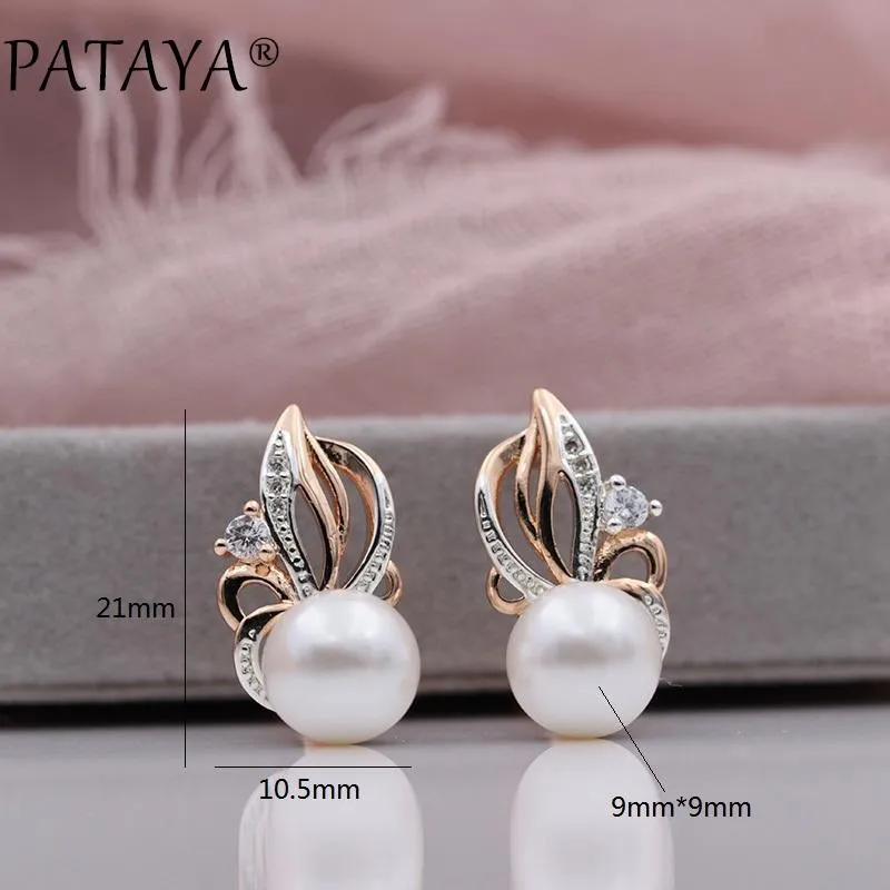PATAYA New Women Exclusive Flame Type 585 Rose Gold Shell Pearls Drop Earrings White Natural Zircon RU Hot Party Wedding Jewelry