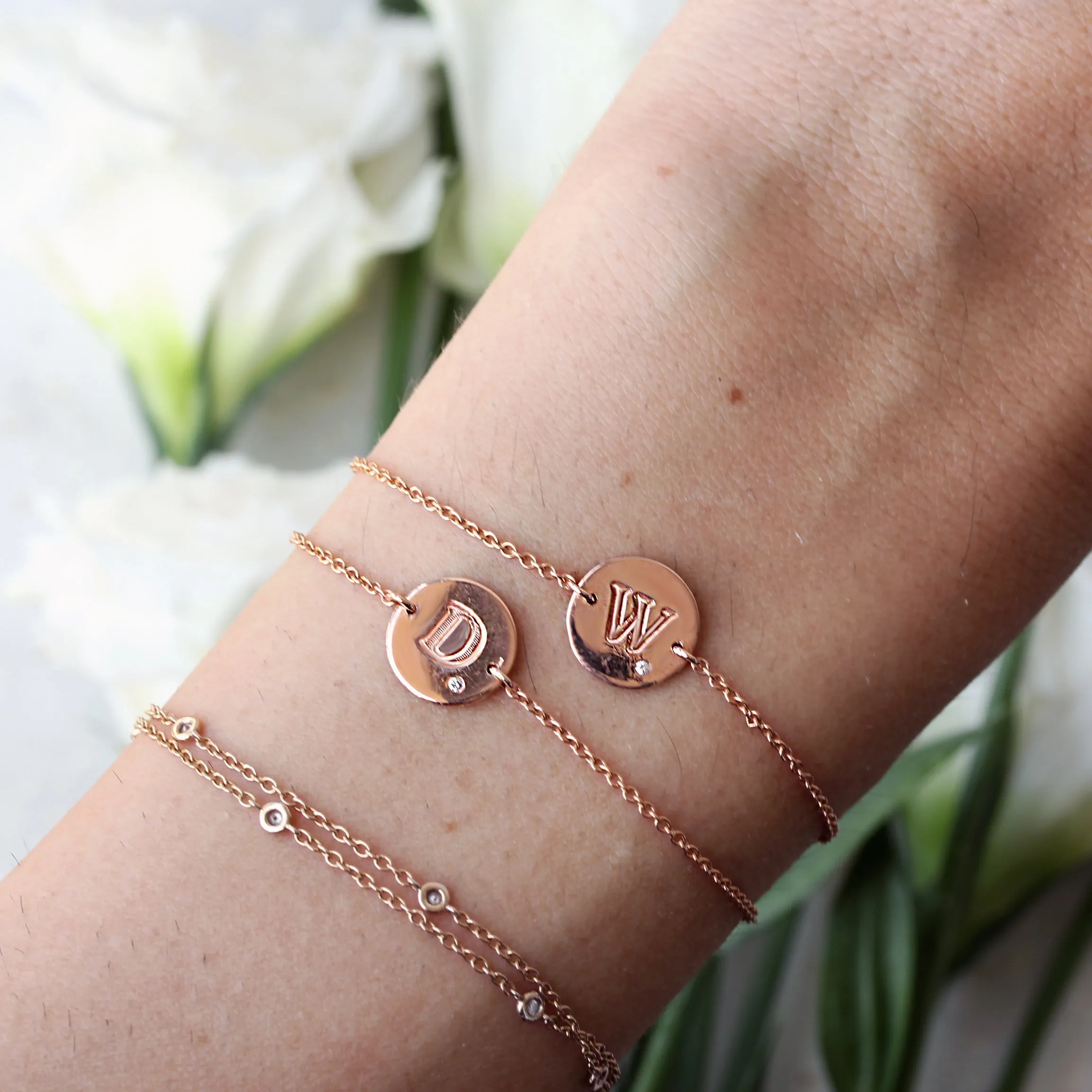 Personalized initial letter one diamond solid gold bracelet