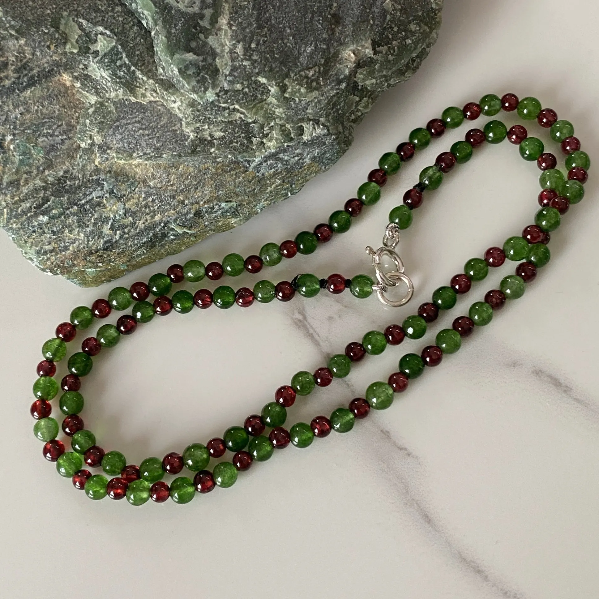 Red Garnet & Green Jade Sterling Silver Necklace