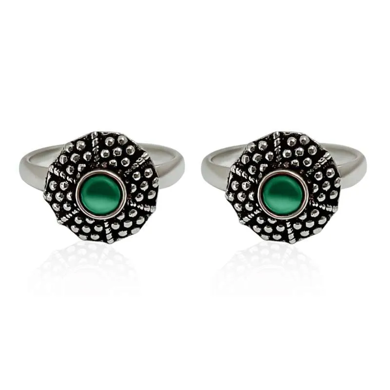 Round Silver Toe Ring with Beads- Green
