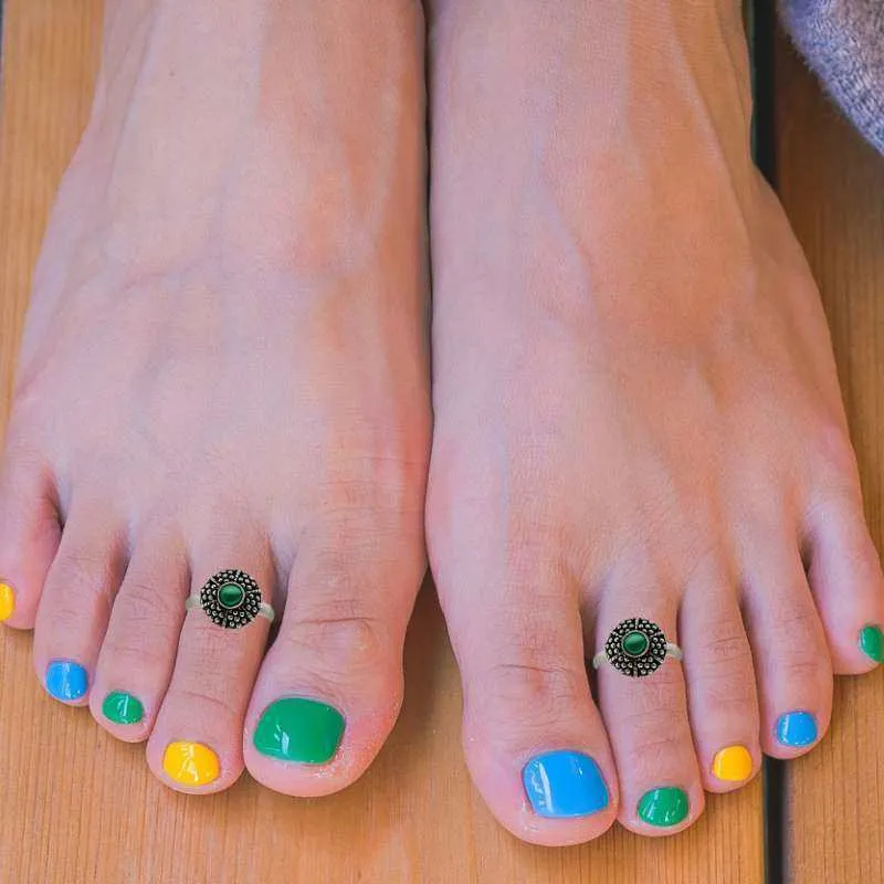 Round Silver Toe Ring with Beads- Green
