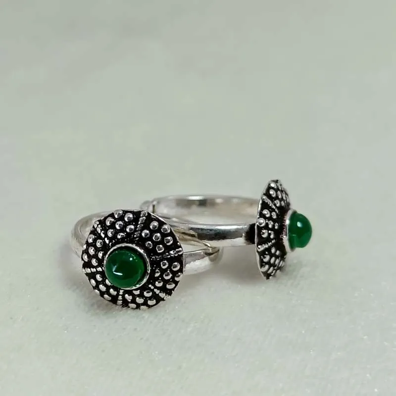 Round Silver Toe Ring with Beads- Green