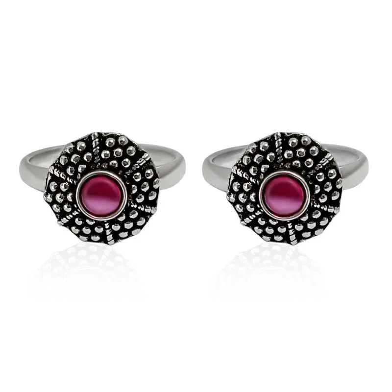 Round Silver Toe Ring with Beads- Red