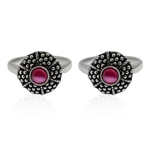 Round Silver Toe Ring with Beads- Red