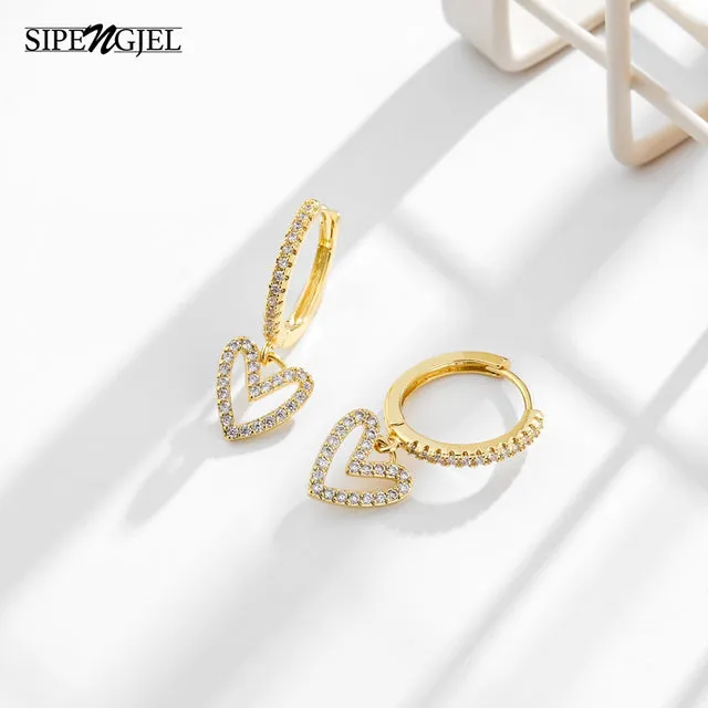 SIPENGJEL Fashion Cubic Zircon Dainty Love Heart Drop Earrings Women&#39;s Korean Style Gold Hoop Earrings For Women Jewelry 2022