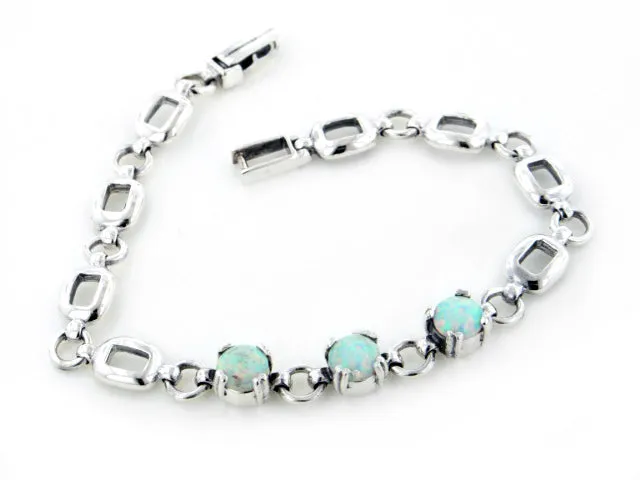 Sterling Silver 3-Stone Created White Opal Link Bracelet 7"