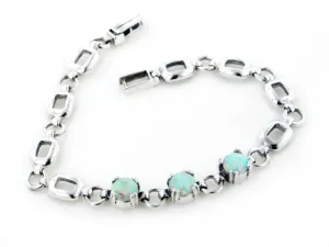 Sterling Silver 3-Stone Created White Opal Link Bracelet 7"
