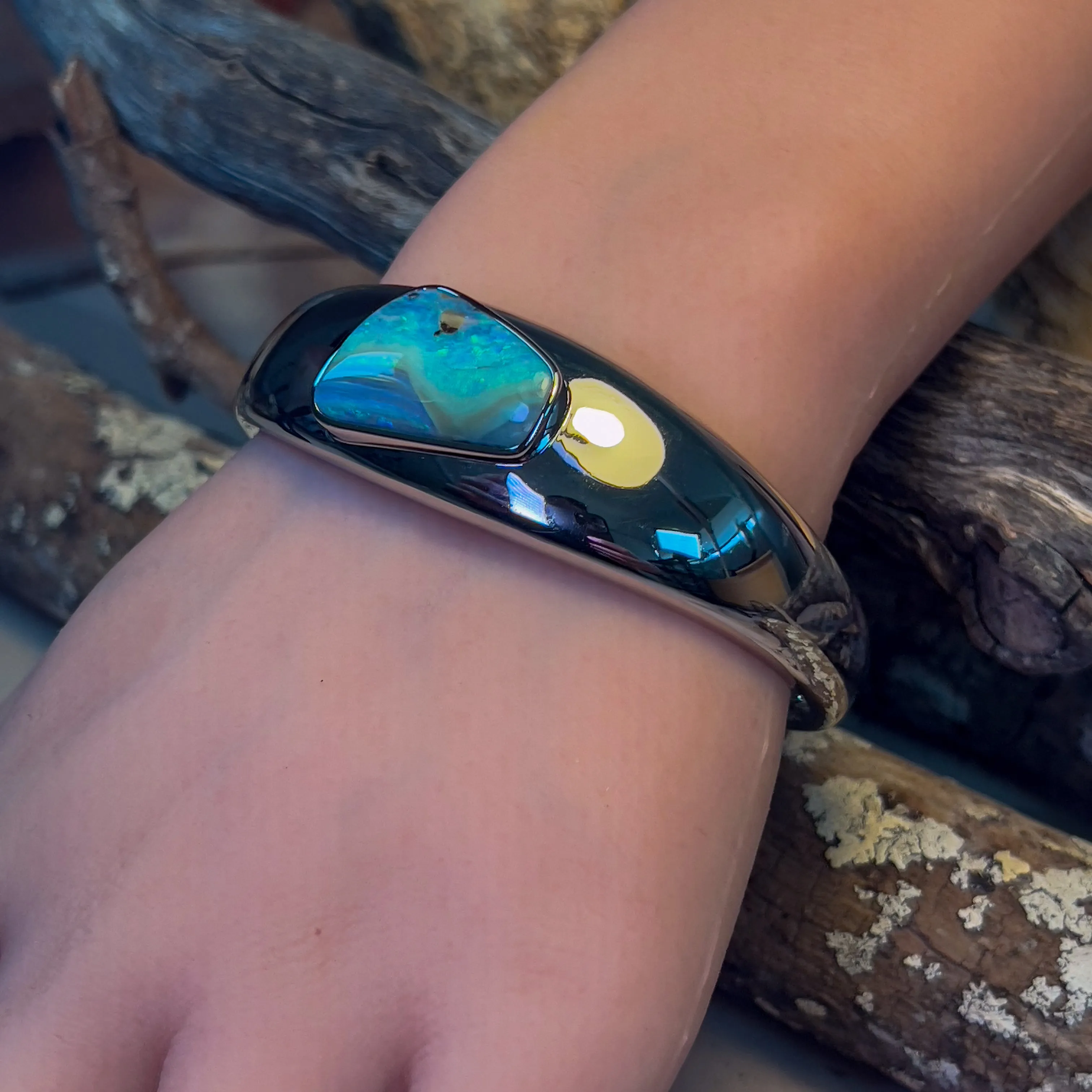 Sterling Silver Boulder Opal 15.74ct bangle