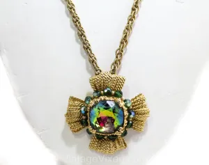 Striking Maltese Cross Pendant Necklace - Rainbow Watermelon Faceted Glass Stone - 1970s Napier - Bold Collectable Converts to Brooch Pin