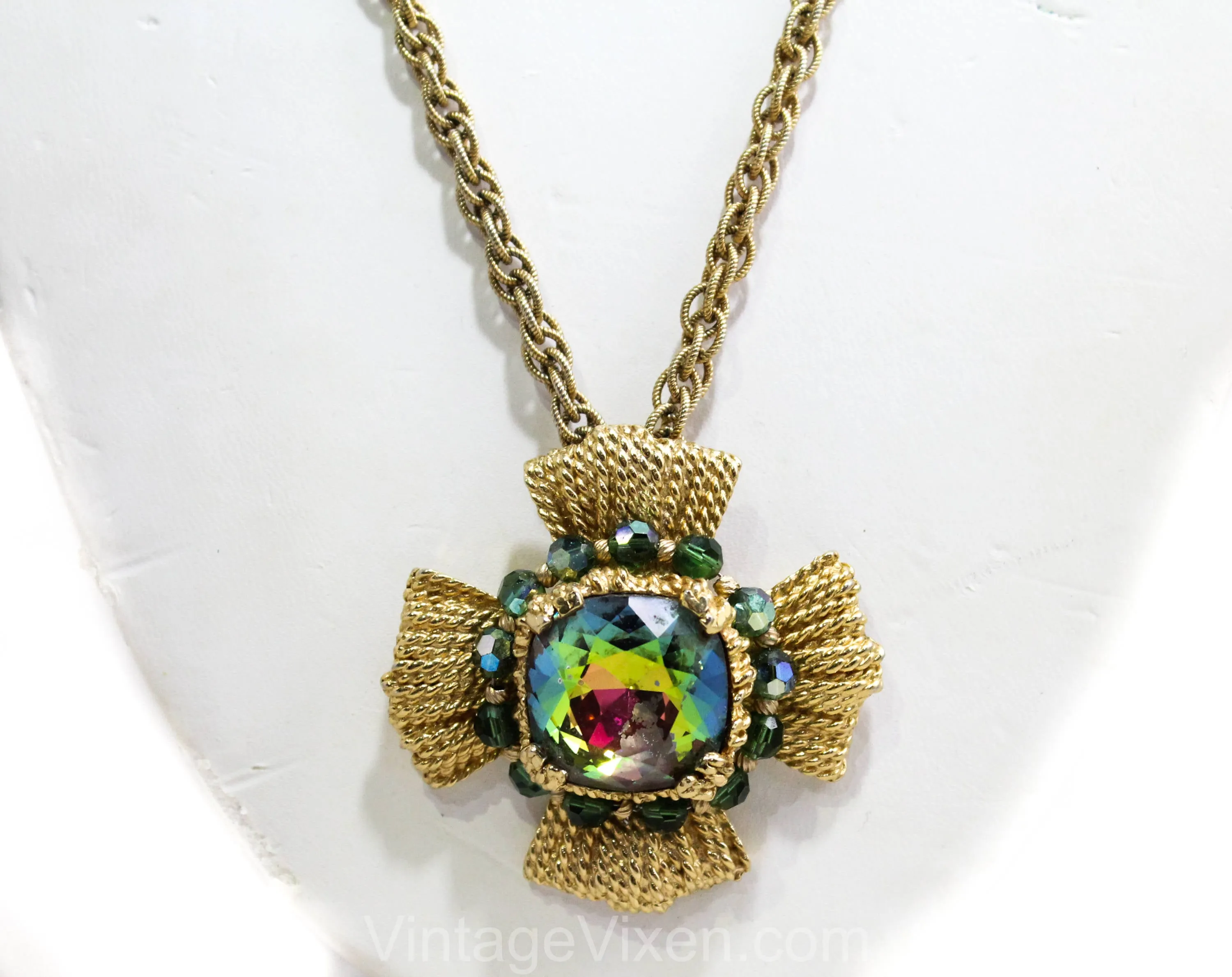 Striking Maltese Cross Pendant Necklace - Rainbow Watermelon Faceted Glass Stone - 1970s Napier - Bold Collectable Converts to Brooch Pin