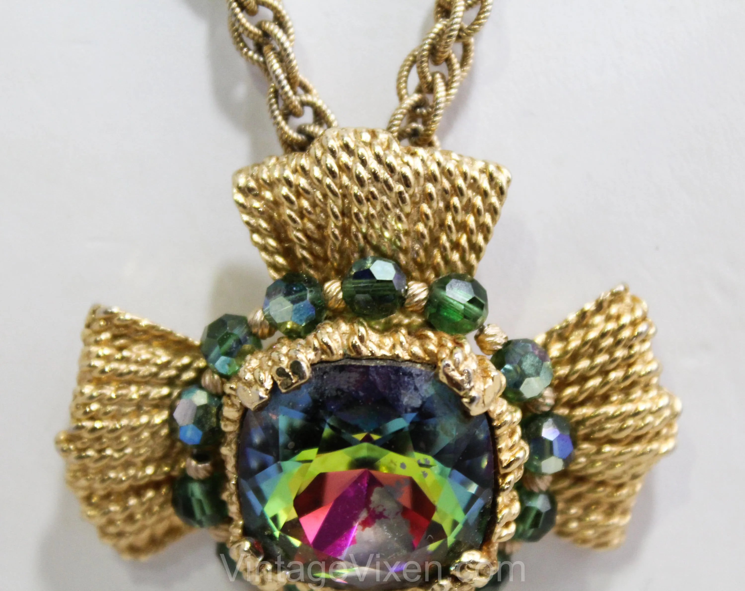Striking Maltese Cross Pendant Necklace - Rainbow Watermelon Faceted Glass Stone - 1970s Napier - Bold Collectable Converts to Brooch Pin