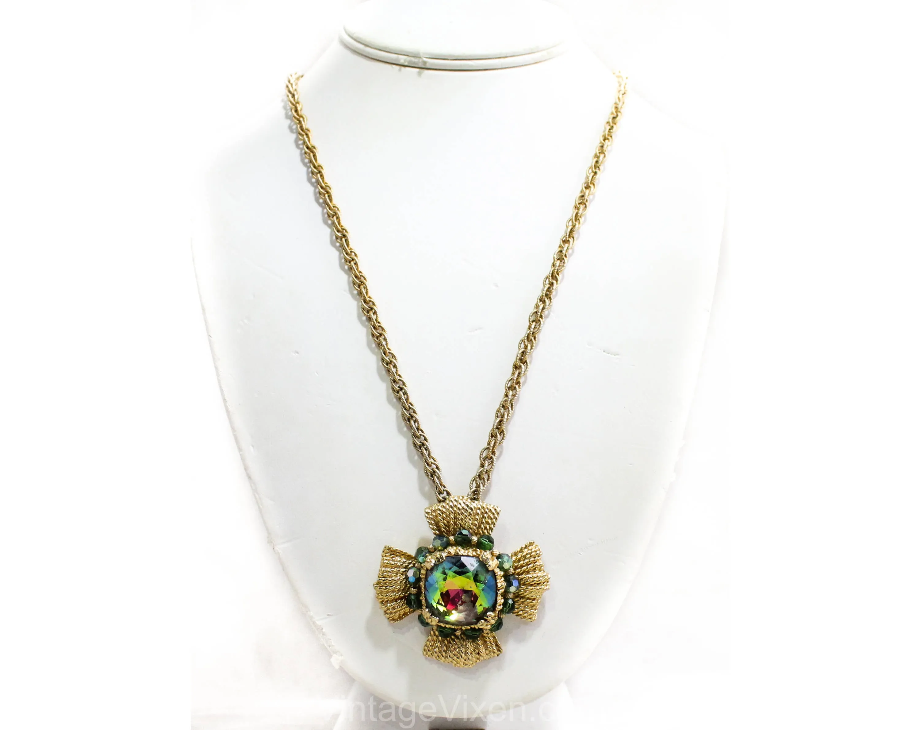 Striking Maltese Cross Pendant Necklace - Rainbow Watermelon Faceted Glass Stone - 1970s Napier - Bold Collectable Converts to Brooch Pin