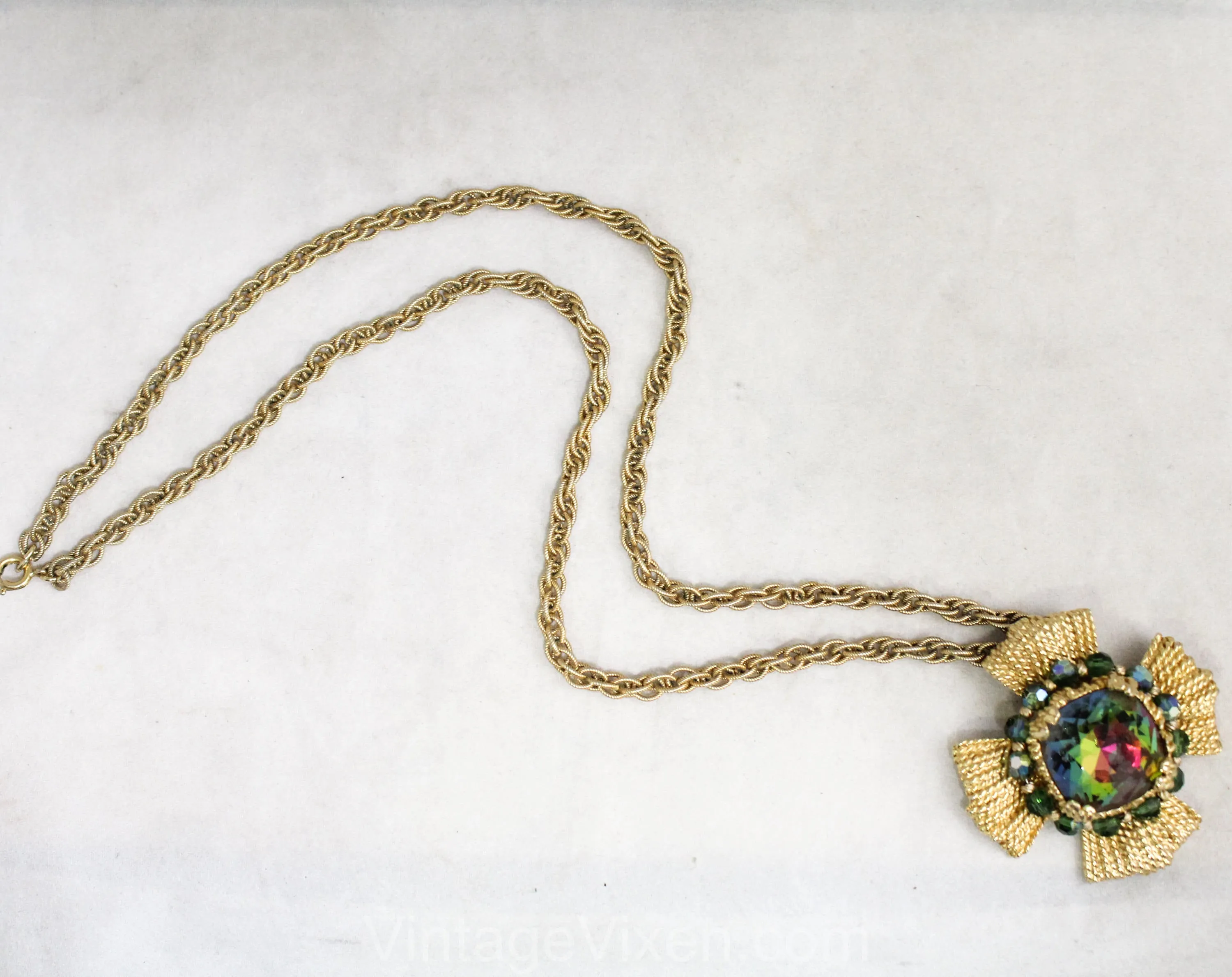 Striking Maltese Cross Pendant Necklace - Rainbow Watermelon Faceted Glass Stone - 1970s Napier - Bold Collectable Converts to Brooch Pin