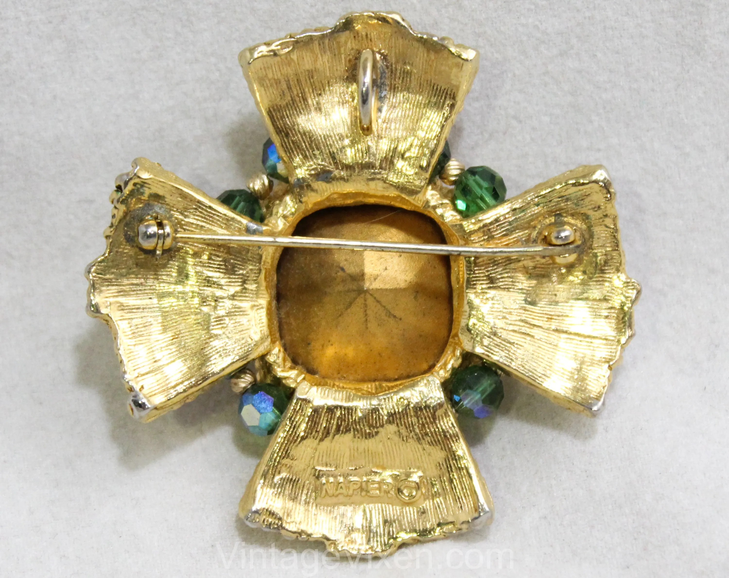Striking Maltese Cross Pendant Necklace - Rainbow Watermelon Faceted Glass Stone - 1970s Napier - Bold Collectable Converts to Brooch Pin